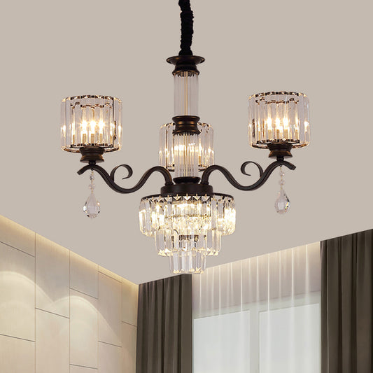 3-Tier Chandelier Lamp Minimalist Clear Crystal 3-Head Restaurant Ceiling Light with Cylinder Shade in Black/Gold Black Clearhalo 'Ceiling Lights' 'Chandeliers' 'Modern Chandeliers' 'Modern' Lighting' 1724423