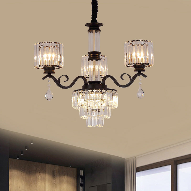 3-Tier Chandelier Lamp Minimalist Clear Crystal 3-Head Restaurant Ceiling Light with Cylinder Shade in Black/Gold Clearhalo 'Ceiling Lights' 'Chandeliers' 'Modern Chandeliers' 'Modern' Lighting' 1724424