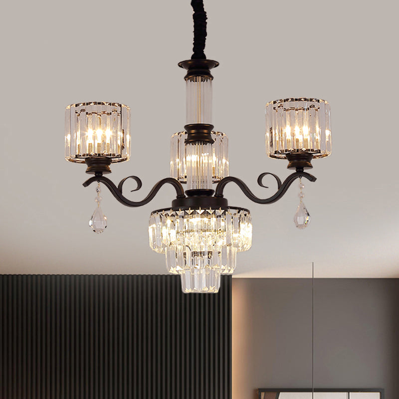 3-Tier Chandelier Lamp Minimalist Clear Crystal 3-Head Restaurant Ceiling Light with Cylinder Shade in Black/Gold Clearhalo 'Ceiling Lights' 'Chandeliers' 'Modern Chandeliers' 'Modern' Lighting' 1724425