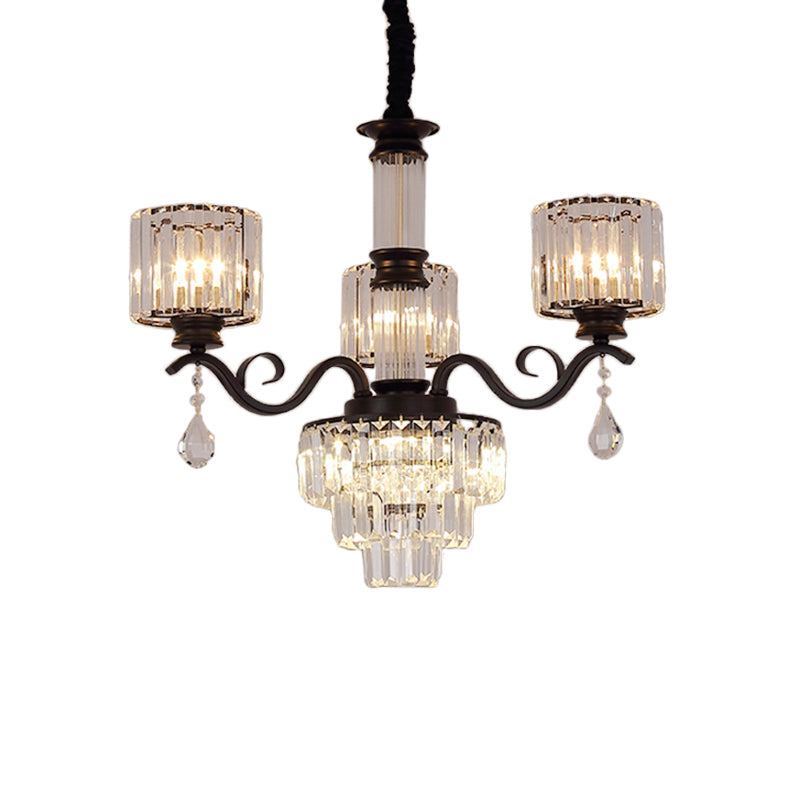 3-Tier Chandelier Lamp Minimalist Clear Crystal 3-Head Restaurant Ceiling Light with Cylinder Shade in Black/Gold Clearhalo 'Ceiling Lights' 'Chandeliers' 'Modern Chandeliers' 'Modern' Lighting' 1724426