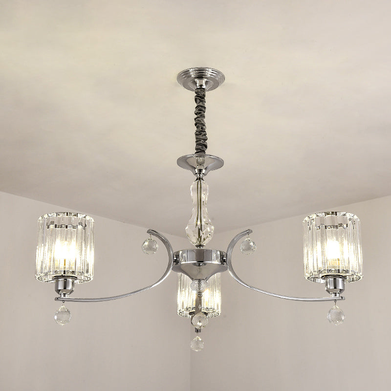 Contemporary 3-Light Chandelier Pendant Chrome Cylindrical Ceiling Lamp with Clear Crystal Shade Chrome Clearhalo 'Ceiling Lights' 'Chandeliers' 'Modern Chandeliers' 'Modern' Lighting' 1724431