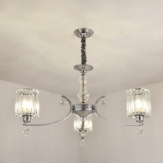 Contemporary 3-Light Chandelier Pendant Chrome Cylindrical Ceiling Lamp with Clear Crystal Shade Chrome Clearhalo 'Ceiling Lights' 'Chandeliers' 'Modern Chandeliers' 'Modern' Lighting' 1724431