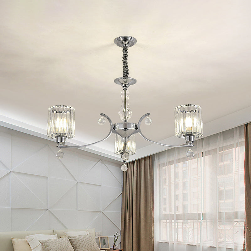 Contemporary 3-Light Chandelier Pendant Chrome Cylindrical Ceiling Lamp with Clear Crystal Shade Clearhalo 'Ceiling Lights' 'Chandeliers' 'Modern Chandeliers' 'Modern' Lighting' 1724432