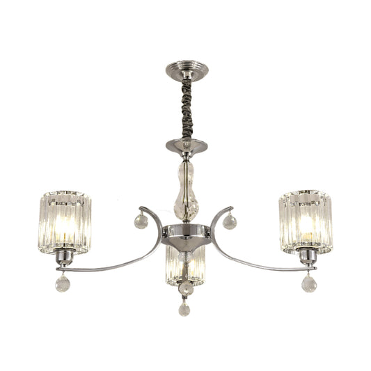 Contemporary 3-Light Chandelier Pendant Chrome Cylindrical Ceiling Lamp with Clear Crystal Shade Clearhalo 'Ceiling Lights' 'Chandeliers' 'Modern Chandeliers' 'Modern' Lighting' 1724433