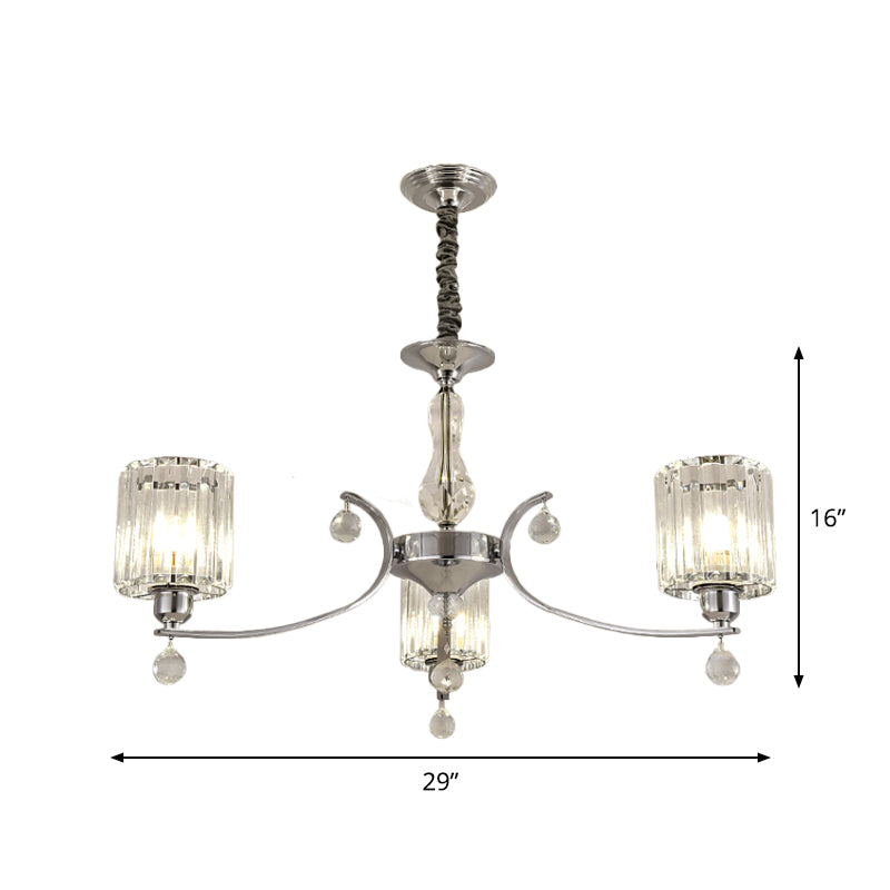 Contemporary 3-Light Chandelier Pendant Chrome Cylindrical Ceiling Lamp with Clear Crystal Shade Clearhalo 'Ceiling Lights' 'Chandeliers' 'Modern Chandeliers' 'Modern' Lighting' 1724434