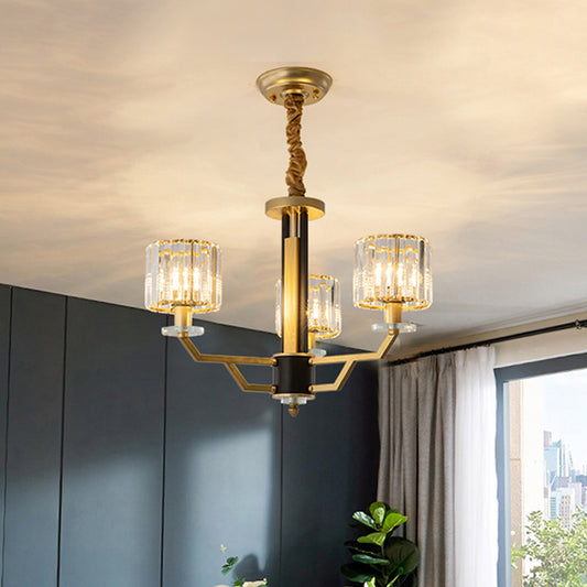 3/6 Heads Dining Room Suspension Lamp Minimalism Gold Hanging Chandelier with Cylinder Crystal Prisms Shade 3 Gold Clearhalo 'Ceiling Lights' 'Chandeliers' 'Modern Chandeliers' 'Modern' Lighting' 1724435