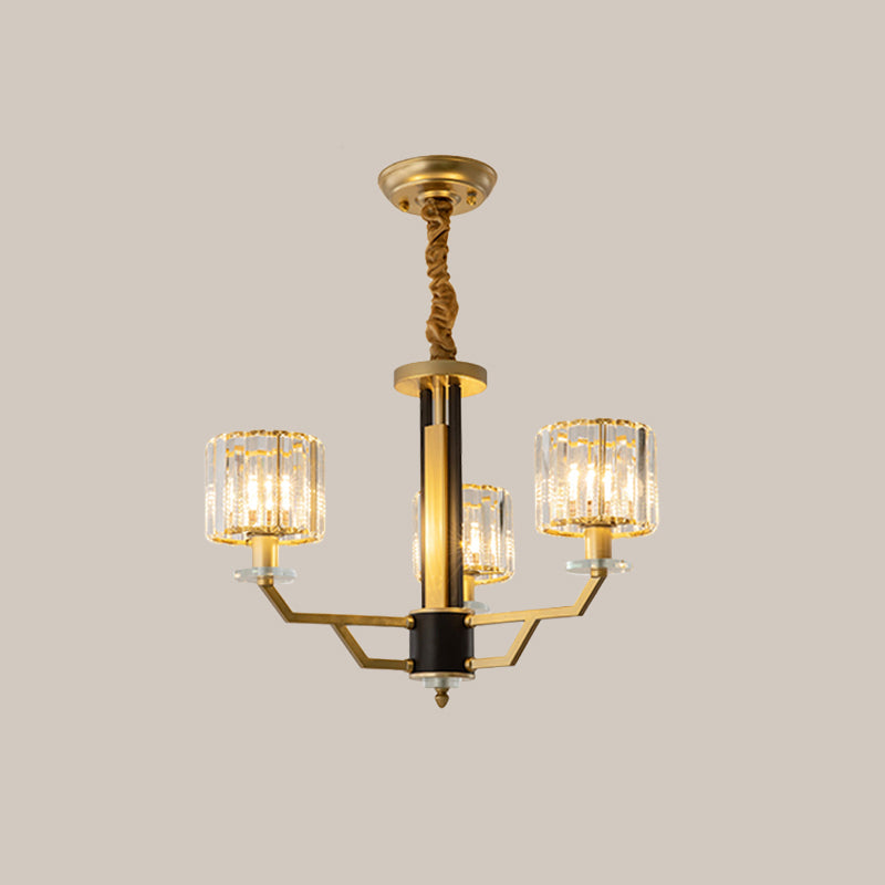 3/6 Heads Dining Room Suspension Lamp Minimalism Gold Hanging Chandelier with Cylinder Crystal Prisms Shade Clearhalo 'Ceiling Lights' 'Chandeliers' 'Modern Chandeliers' 'Modern' Lighting' 1724437