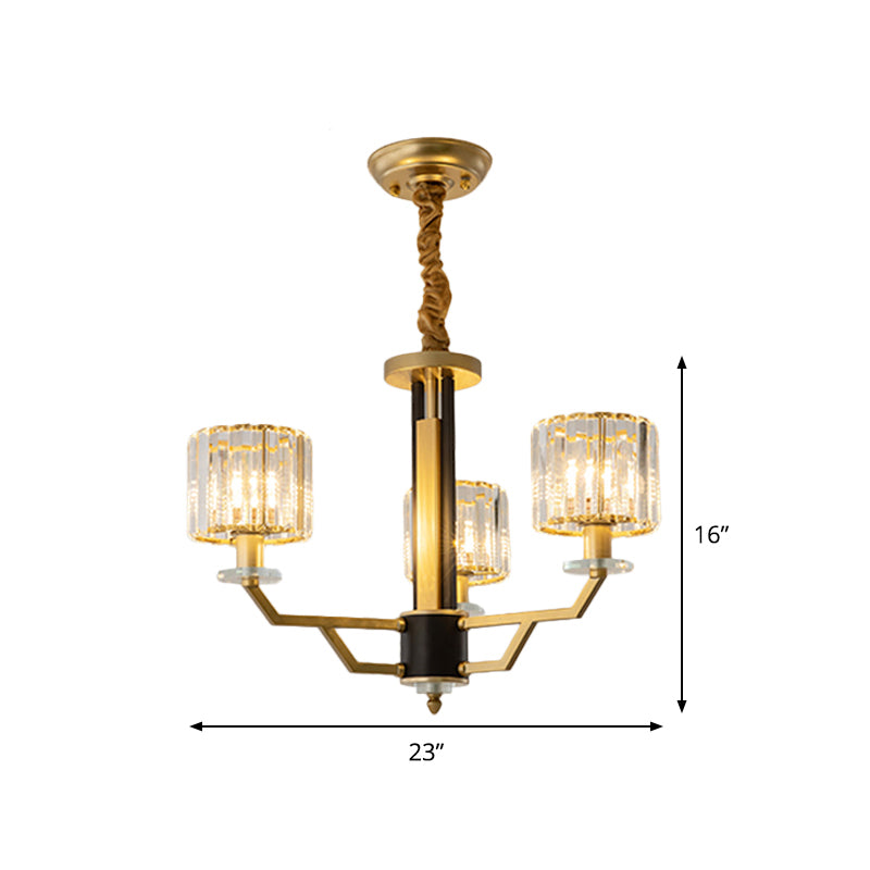 3/6 Heads Dining Room Suspension Lamp Minimalism Gold Hanging Chandelier with Cylinder Crystal Prisms Shade Clearhalo 'Ceiling Lights' 'Chandeliers' 'Modern Chandeliers' 'Modern' Lighting' 1724438