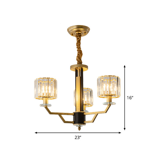 3/6 Heads Dining Room Suspension Lamp Minimalism Gold Hanging Chandelier with Cylinder Crystal Prisms Shade Clearhalo 'Ceiling Lights' 'Chandeliers' 'Modern Chandeliers' 'Modern' Lighting' 1724438