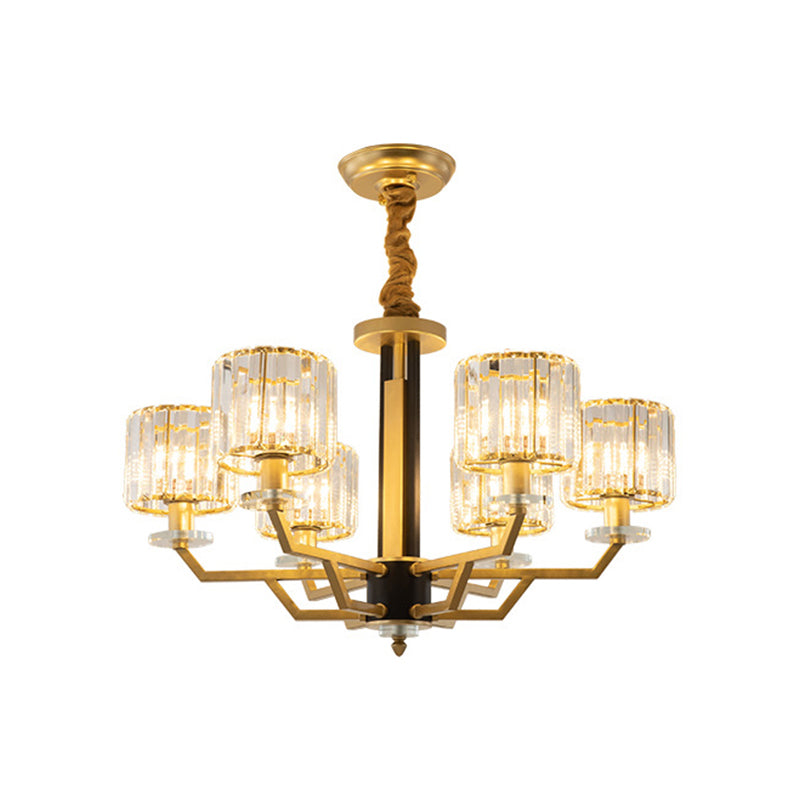 3/6 Heads Dining Room Suspension Lamp Minimalism Gold Hanging Chandelier with Cylinder Crystal Prisms Shade Clearhalo 'Ceiling Lights' 'Chandeliers' 'Modern Chandeliers' 'Modern' Lighting' 1724441