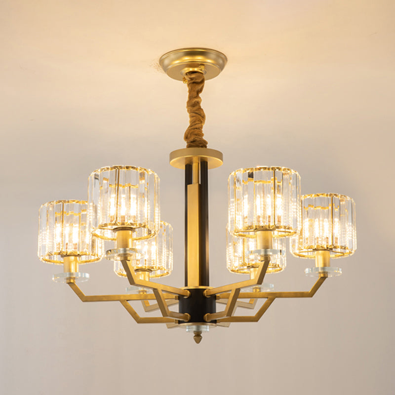 3/6 Heads Dining Room Suspension Lamp Minimalism Gold Hanging Chandelier with Cylinder Crystal Prisms Shade Clearhalo 'Ceiling Lights' 'Chandeliers' 'Modern Chandeliers' 'Modern' Lighting' 1724442