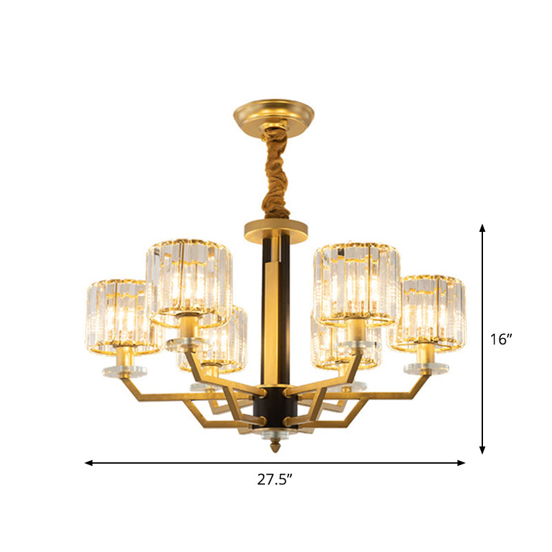 3/6 Heads Dining Room Suspension Lamp Minimalism Gold Hanging Chandelier with Cylinder Crystal Prisms Shade Clearhalo 'Ceiling Lights' 'Chandeliers' 'Modern Chandeliers' 'Modern' Lighting' 1724443