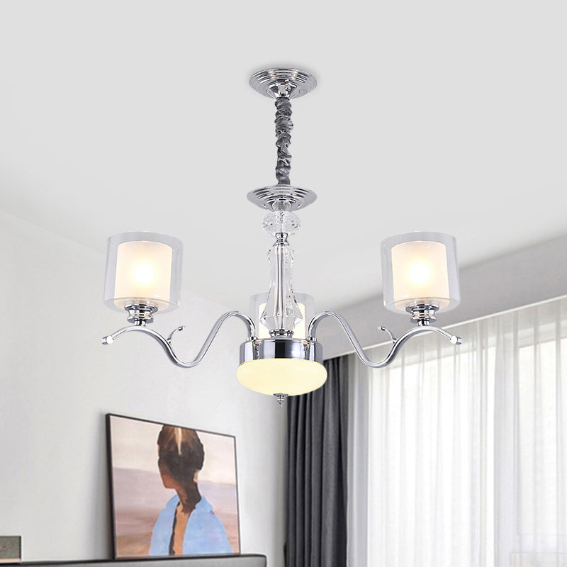 3 Bulbs Chrome Dual Cylinder Chandelier Modern Clear and Opal Glass Ceiling Hang Fixture Chrome Clearhalo 'Ceiling Lights' 'Chandeliers' 'Modern Chandeliers' 'Modern' Lighting' 1724444