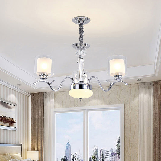 3 Bulbs Chrome Dual Cylinder Chandelier Modern Clear and Opal Glass Ceiling Hang Fixture Clearhalo 'Ceiling Lights' 'Chandeliers' 'Modern Chandeliers' 'Modern' Lighting' 1724445