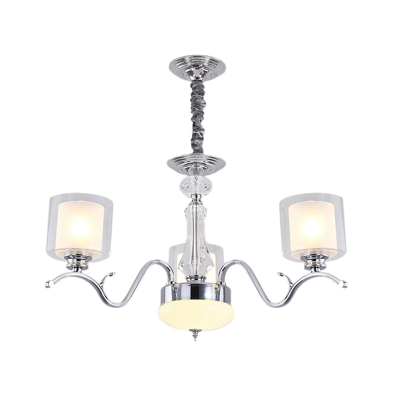 3 Bulbs Chrome Dual Cylinder Chandelier Modern Clear and Opal Glass Ceiling Hang Fixture Clearhalo 'Ceiling Lights' 'Chandeliers' 'Modern Chandeliers' 'Modern' Lighting' 1724446