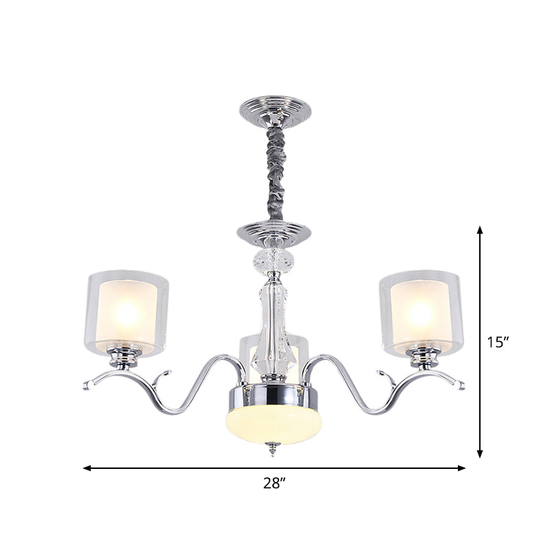 3 Bulbs Chrome Dual Cylinder Chandelier Modern Clear and Opal Glass Ceiling Hang Fixture Clearhalo 'Ceiling Lights' 'Chandeliers' 'Modern Chandeliers' 'Modern' Lighting' 1724447