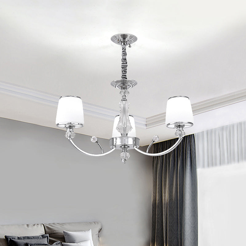 White Glass Cone Hanging Chandelier Modernism 3/6 Lights Suspended Lighting Fixture in Chrome 3 Chrome Clearhalo 'Ceiling Lights' 'Chandeliers' 'Modern Chandeliers' 'Modern' Lighting' 1724448