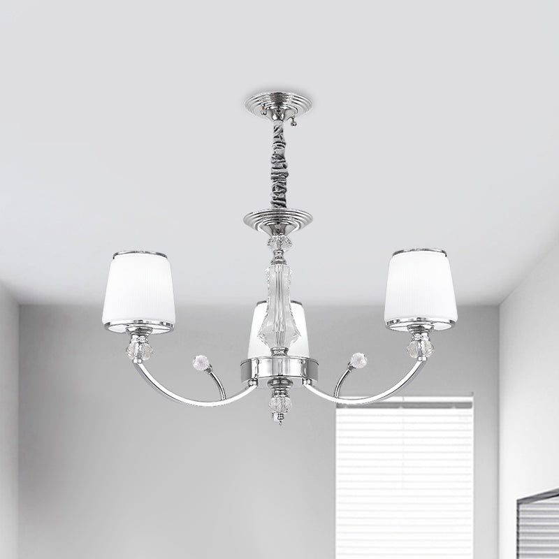 White Glass Cone Hanging Chandelier Modernism 3/6 Lights Suspended Lighting Fixture in Chrome Clearhalo 'Ceiling Lights' 'Chandeliers' 'Modern Chandeliers' 'Modern' Lighting' 1724449