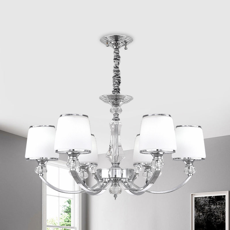 White Glass Cone Hanging Chandelier Modernism 3/6 Lights Suspended Lighting Fixture in Chrome 6 Chrome Clearhalo 'Ceiling Lights' 'Chandeliers' 'Modern Chandeliers' 'Modern' Lighting' 1724452