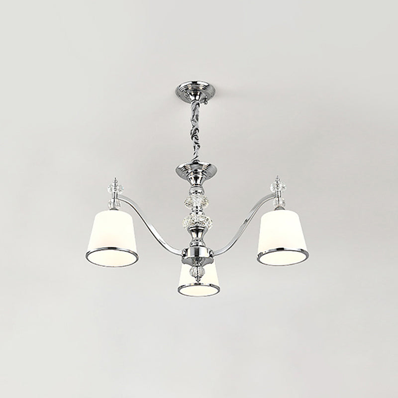 Conical White Glass Down Lighting Minimalist 3/6 Heads Chrome Pendant Chandelier with Curved Arm Clearhalo 'Ceiling Lights' 'Chandeliers' 'Modern Chandeliers' 'Modern' Lighting' 1724459