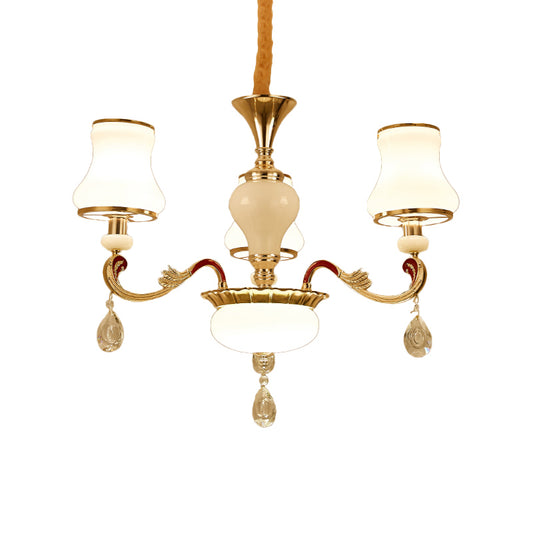 Opal Glass Curved Cone Chandelier Light Contemporary 3/6 Bulbs Gold Drop Pendant with Crystal Drop Deco Clearhalo 'Ceiling Lights' 'Chandeliers' 'Modern Chandeliers' 'Modern' Lighting' 1724468