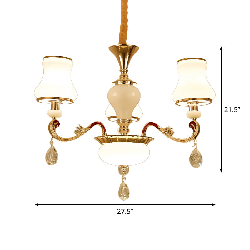 Opal Glass Curved Cone Chandelier Light Contemporary 3/6 Bulbs Gold Drop Pendant with Crystal Drop Deco Clearhalo 'Ceiling Lights' 'Chandeliers' 'Modern Chandeliers' 'Modern' Lighting' 1724469