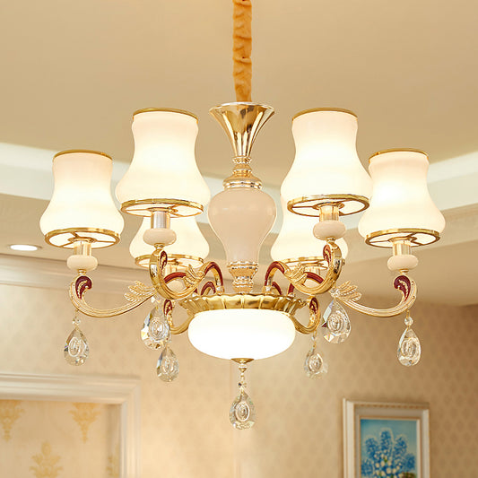 Opal Glass Curved Cone Chandelier Light Contemporary 3/6 Bulbs Gold Drop Pendant with Crystal Drop Deco 6 Gold Clearhalo 'Ceiling Lights' 'Chandeliers' 'Modern Chandeliers' 'Modern' Lighting' 1724470