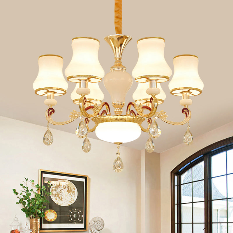 Opal Glass Curved Cone Chandelier Light Contemporary 3/6 Bulbs Gold Drop Pendant with Crystal Drop Deco Clearhalo 'Ceiling Lights' 'Chandeliers' 'Modern Chandeliers' 'Modern' Lighting' 1724471