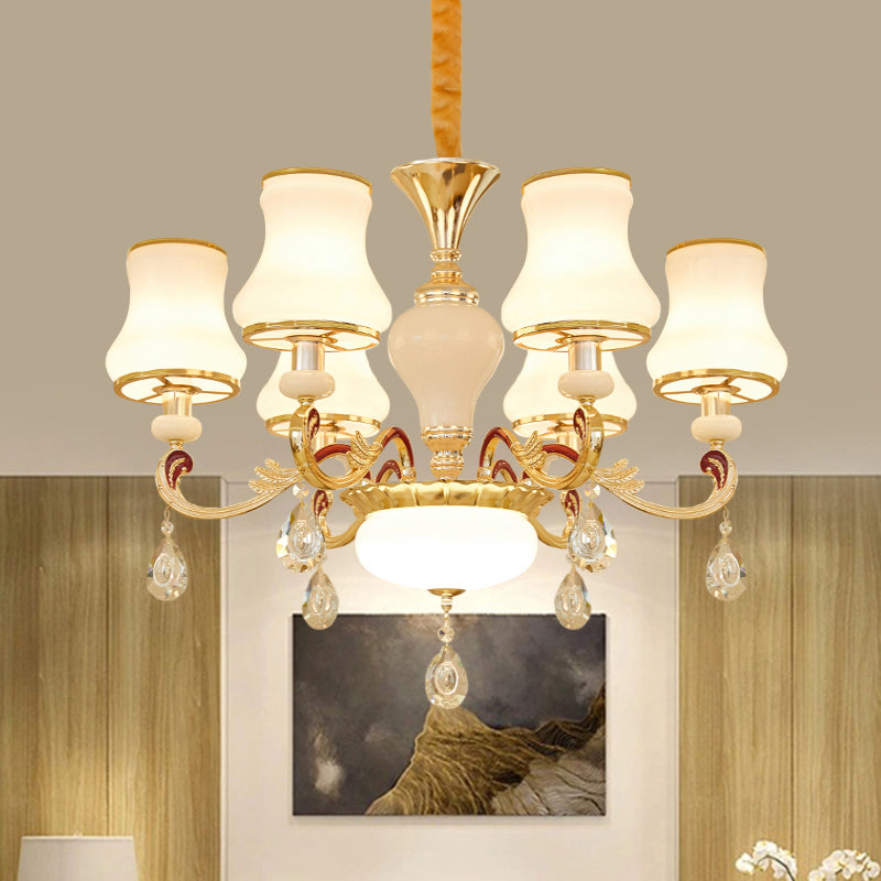 Opal Glass Curved Cone Chandelier Light Contemporary 3/6 Bulbs Gold Drop Pendant with Crystal Drop Deco Clearhalo 'Ceiling Lights' 'Chandeliers' 'Modern Chandeliers' 'Modern' Lighting' 1724472