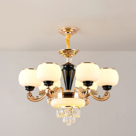 3-Layer Sitting Room Ceiling Pendant Crystal Block 6-Light Simple Chandelier with Opal Glass Global Shade in Gold Gold Clearhalo 'Ceiling Lights' 'Chandeliers' 'Modern Chandeliers' 'Modern' Lighting' 1724475
