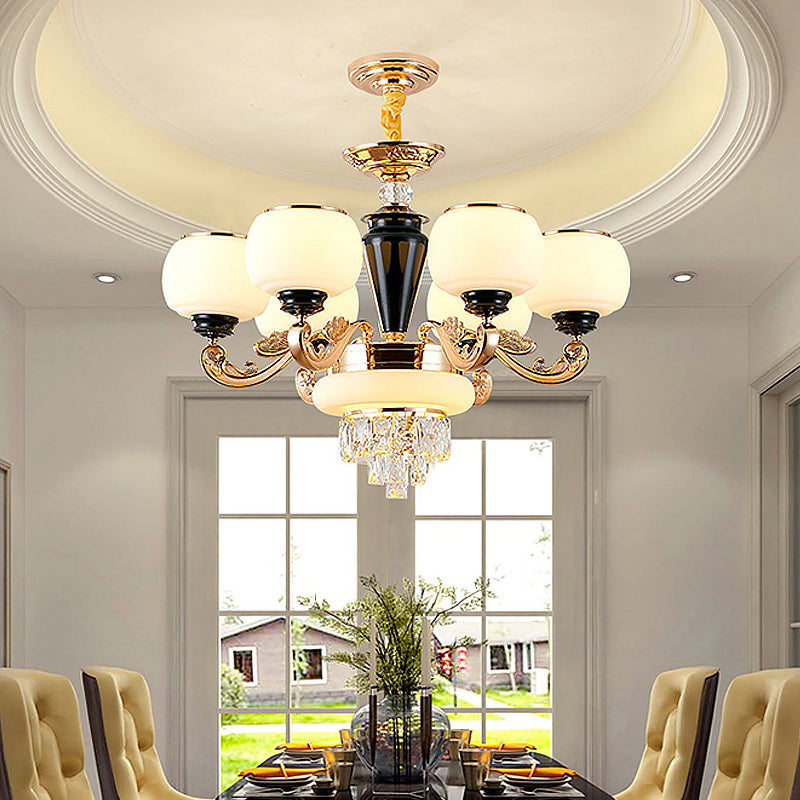 3-Layer Sitting Room Ceiling Pendant Crystal Block 6-Light Simple Chandelier with Opal Glass Global Shade in Gold Clearhalo 'Ceiling Lights' 'Chandeliers' 'Modern Chandeliers' 'Modern' Lighting' 1724476