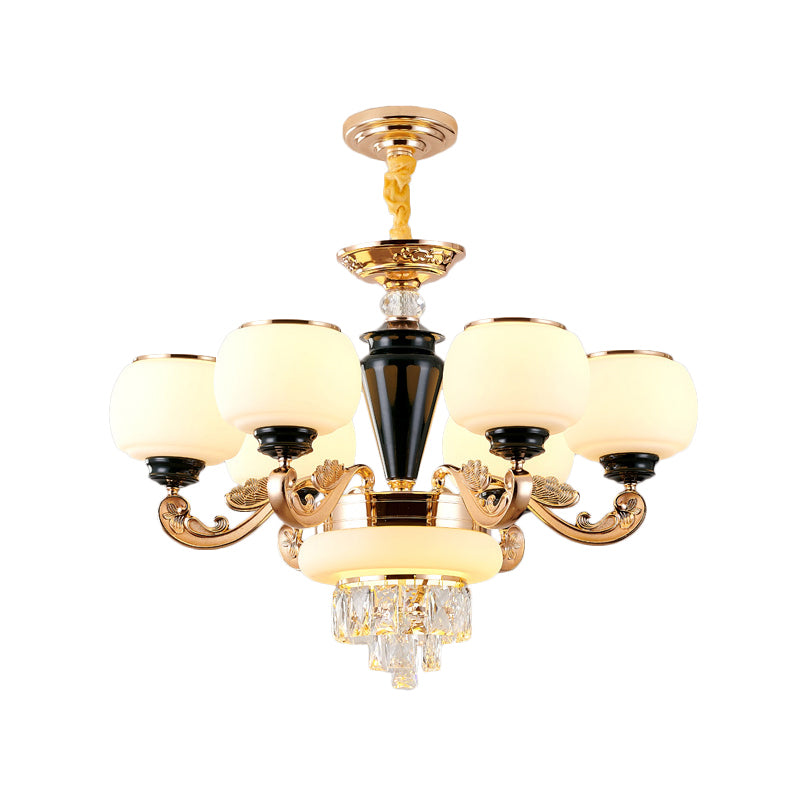 3-Layer Sitting Room Ceiling Pendant Crystal Block 6-Light Simple Chandelier with Opal Glass Global Shade in Gold Clearhalo 'Ceiling Lights' 'Chandeliers' 'Modern Chandeliers' 'Modern' Lighting' 1724477