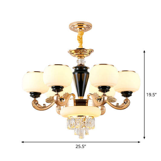3-Layer Sitting Room Ceiling Pendant Crystal Block 6-Light Simple Chandelier with Opal Glass Global Shade in Gold Clearhalo 'Ceiling Lights' 'Chandeliers' 'Modern Chandeliers' 'Modern' Lighting' 1724478