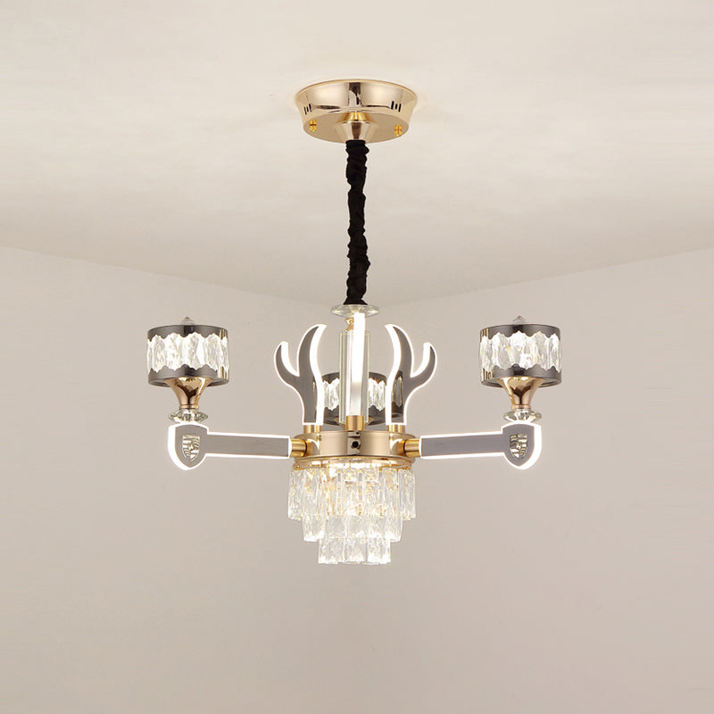 Drum Pendant Chandelier Modern K9 Crystal 3-Head Chrome Ceiling Hang Fixture with Antler Design Chrome Clearhalo 'Ceiling Lights' 'Chandeliers' 'Modern Chandeliers' 'Modern' Lighting' 1724479