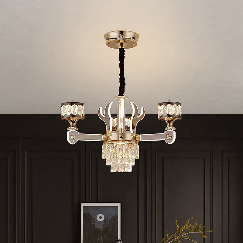 Drum Pendant Chandelier Modern K9 Crystal 3-Head Chrome Ceiling Hang Fixture with Antler Design Clearhalo 'Ceiling Lights' 'Chandeliers' 'Modern Chandeliers' 'Modern' Lighting' 1724480