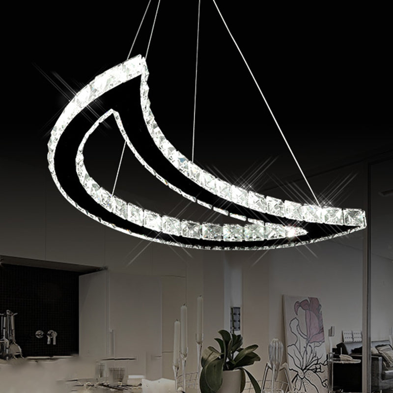 Crystal Block Crescent Ceiling Lamp Simplicity Stainless-Steel LED Pendant Chandelier in Warm/White Light Clearhalo 'Ceiling Lights' 'Chandeliers' 'Modern Chandeliers' 'Modern' Lighting' 1724488