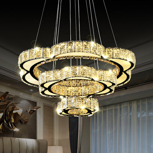 3-Tier Flower Dining Room Chandelier Faceted Crystal LED Simple Drop Pendant in Stainless-Steel, Warm/White Light Stainless-Steel Clearhalo 'Ceiling Lights' 'Chandeliers' 'Modern Chandeliers' 'Modern' Lighting' 1724491