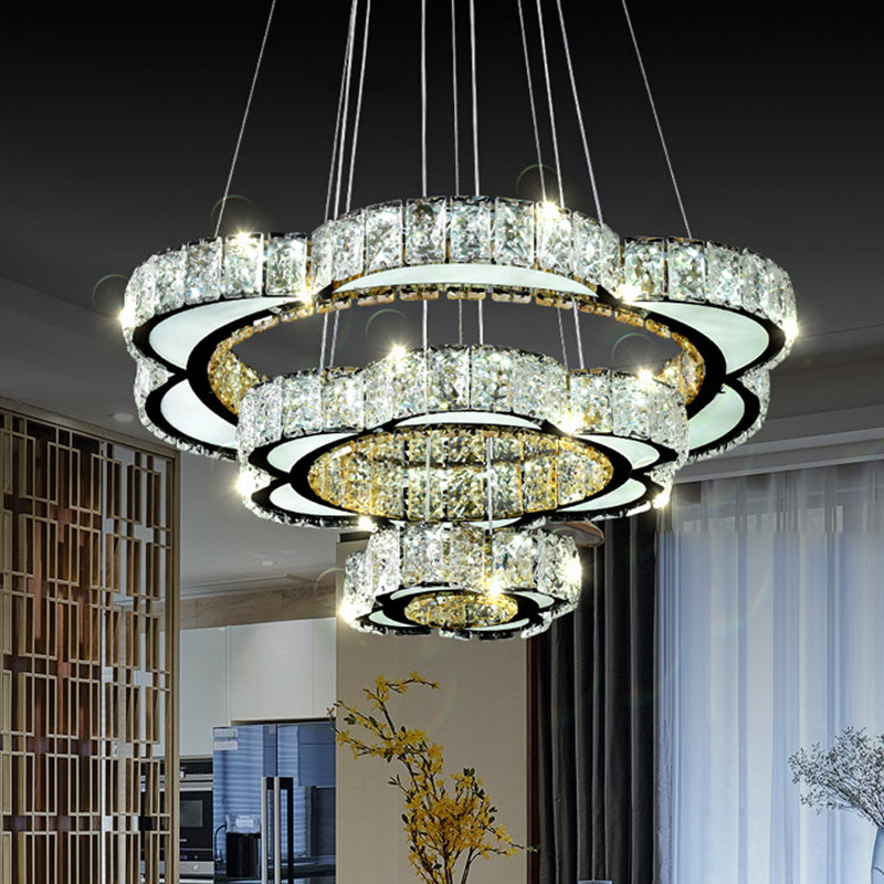 3-Tier Flower Dining Room Chandelier Faceted Crystal LED Simple Drop Pendant in Stainless-Steel, Warm/White Light Clearhalo 'Ceiling Lights' 'Chandeliers' 'Modern Chandeliers' 'Modern' Lighting' 1724492