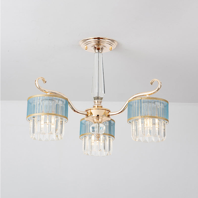 Cylinder Hanging Chandelier Contemporary Crystal Prisms 3 Lights Gold Ceiling Pendant Gold Clearhalo 'Ceiling Lights' 'Chandeliers' 'Modern Chandeliers' 'Modern' Lighting' 1724503