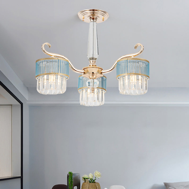 Cylinder Hanging Chandelier Contemporary Crystal Prisms 3 Lights Gold Ceiling Pendant Clearhalo 'Ceiling Lights' 'Chandeliers' 'Modern Chandeliers' 'Modern' Lighting' 1724504