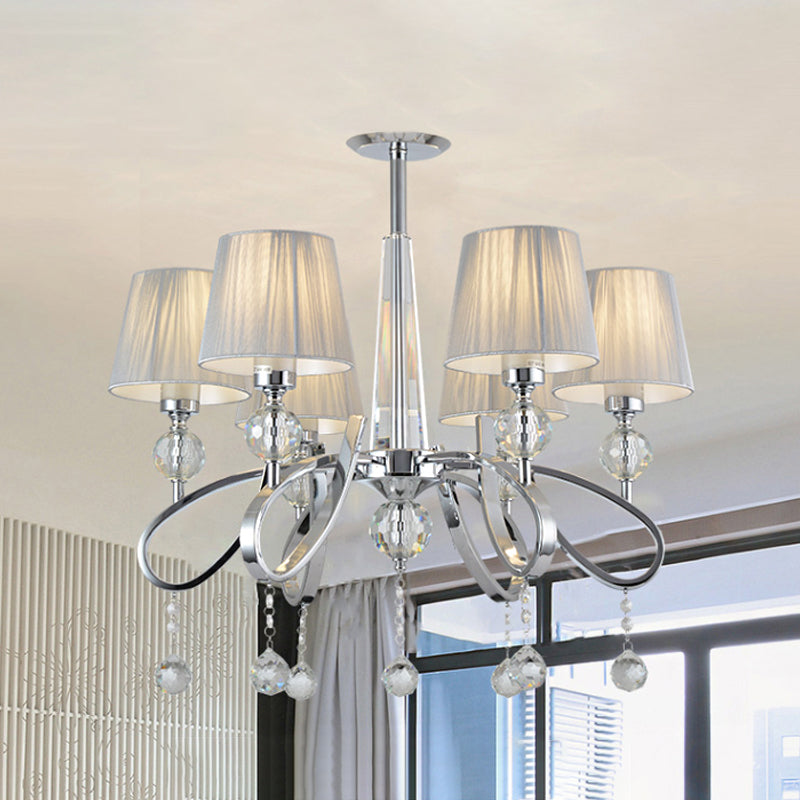 Fabric Cone Chandelier Pendant Modernism 6 Heads Suspended Lighting Fixture with Crystal Accents Deco in Chrome Clearhalo 'Ceiling Lights' 'Chandeliers' 'Modern Chandeliers' 'Modern' Lighting' 1724508