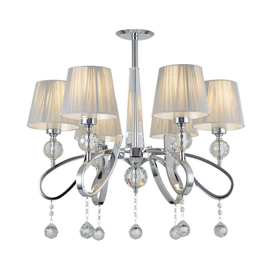 Fabric Cone Chandelier Pendant Modernism 6 Heads Suspended Lighting Fixture with Crystal Accents Deco in Chrome Clearhalo 'Ceiling Lights' 'Chandeliers' 'Modern Chandeliers' 'Modern' Lighting' 1724509