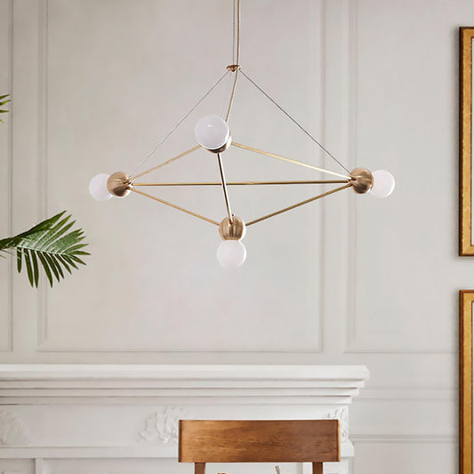 Modo Pendant Chandelier Modernism White Glass 4 Heads Living Room Suspension Lamp with Geometric Cage White Clearhalo 'Ceiling Lights' 'Chandeliers' 'Modern Chandeliers' 'Modern' Lighting' 1724511