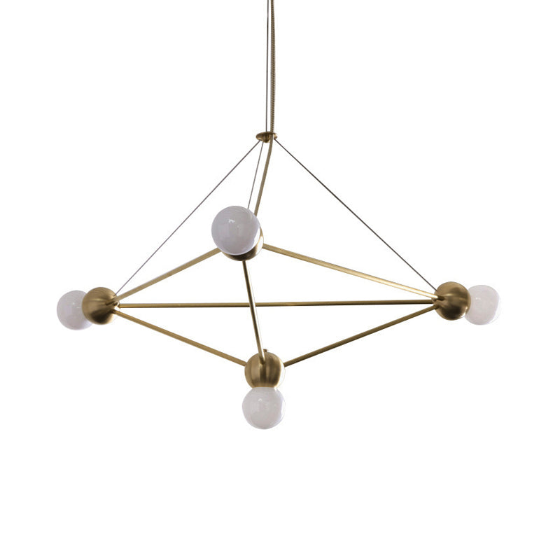 Modo Pendant Chandelier Modernism White Glass 4 Heads Living Room Suspension Lamp with Geometric Cage Clearhalo 'Ceiling Lights' 'Chandeliers' 'Modern Chandeliers' 'Modern' Lighting' 1724513