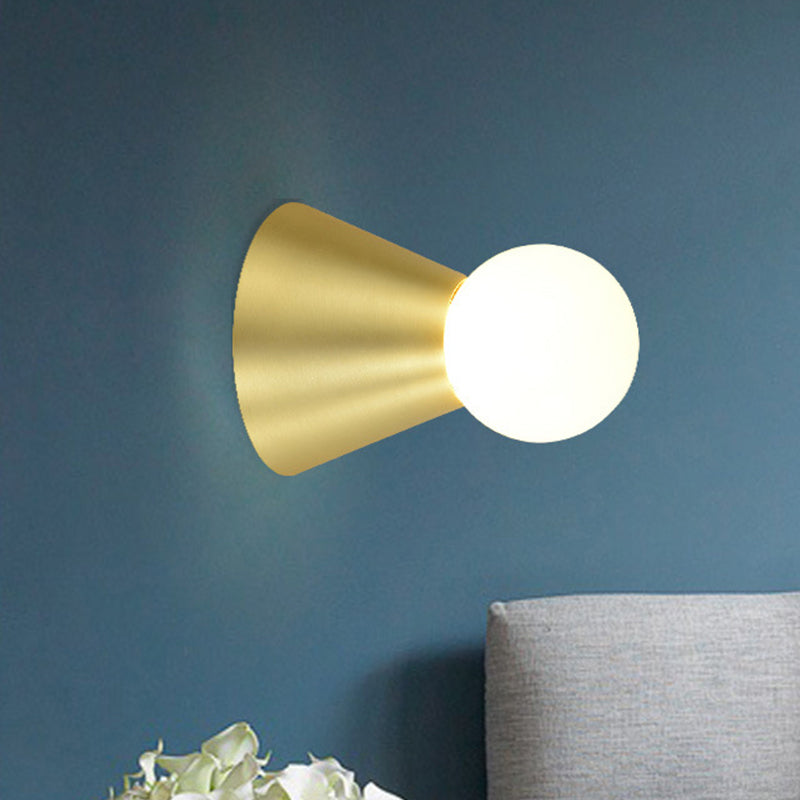 Metal Conical Sconce Wall Light Modern Stylish 1 Bulb Golden Wall Lamp with Frosted Glass Globe Shade Clearhalo 'Cast Iron' 'Glass' 'Industrial' 'Modern wall lights' 'Modern' 'Tiffany' 'Traditional wall lights' 'Wall Lamps & Sconces' 'Wall Lights' Lighting' 172459
