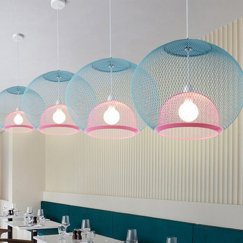Global Mesh Restaurant Pendant Light Metallic 1-Bulb Macaron Ceiling Hang Fixture in Pink/Yellow/Blue Clearhalo 'Ceiling Lights' 'Pendant Lights' 'Pendants' Lighting' 1724664