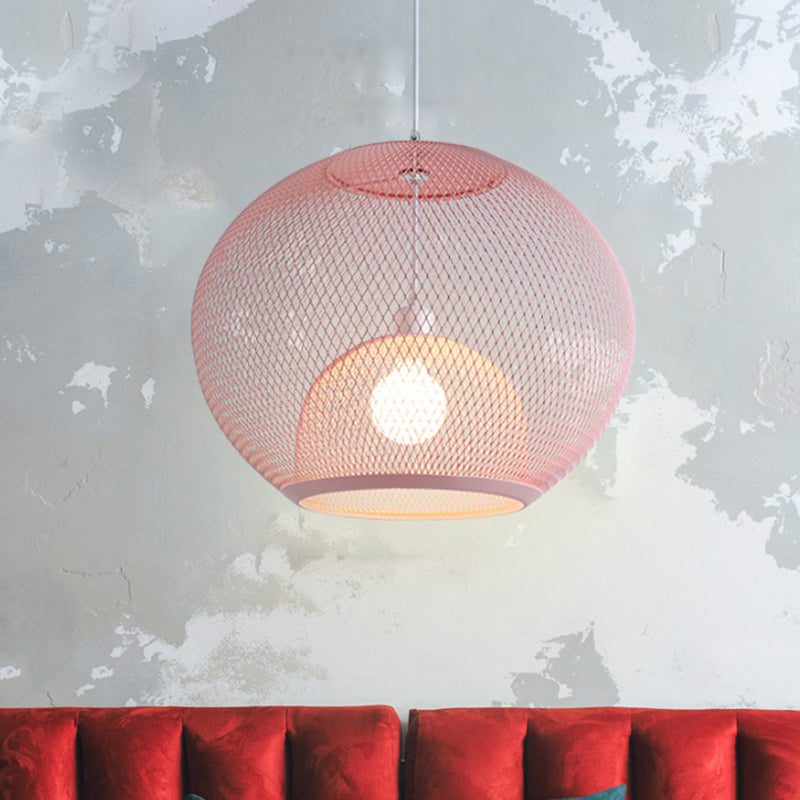 Global Mesh Restaurant Pendant Light Metallic 1-Bulb Macaron Ceiling Hang Fixture in Pink/Yellow/Blue Pink Clearhalo 'Ceiling Lights' 'Pendant Lights' 'Pendants' Lighting' 1724671_e9f61fd6-e8bd-4e28-87ce-118cc7c66bff
