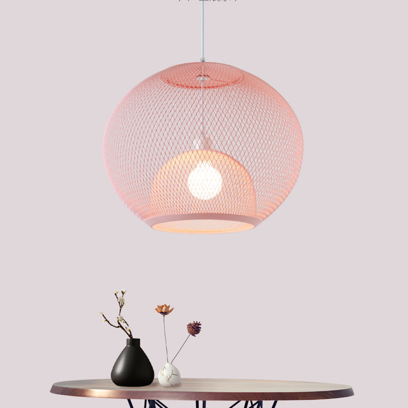 Global Mesh Restaurant Pendant Light Metallic 1-Bulb Macaron Ceiling Hang Fixture in Pink/Yellow/Blue Clearhalo 'Ceiling Lights' 'Pendant Lights' 'Pendants' Lighting' 1724672