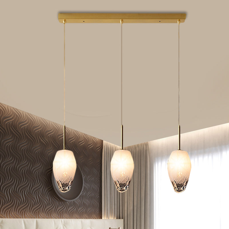 Ice Staircase Multi Light Pendant Cut Crystal 3 Heads Minimalist Down Lighting with Linear/Round Canopy in Gold Gold Linear Clearhalo 'Ceiling Lights' 'Modern Pendants' 'Modern' 'Pendant Lights' 'Pendants' Lighting' 1724683