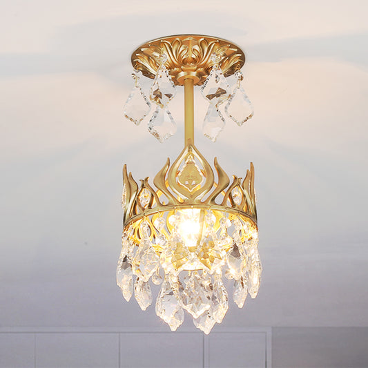 Raindrop Restaurant Pendulum Light Cut Crystal 1 Bulb Modern Pendant Lamp with Crown Design in Gold Gold Clearhalo 'Ceiling Lights' 'Modern Pendants' 'Modern' 'Pendant Lights' 'Pendants' Lighting' 1724692